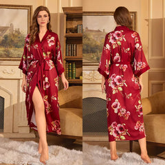 Women's Long Flower Printed Satin Kimono Robe