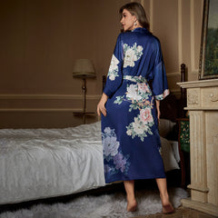 Flower Printed Satin Silk Kimono Robe