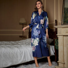 Flower Printed Satin Silk Kimono Robe