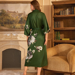 Women Flower Printed Satin Silk Kimono Robe