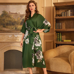 Women Flower Printed Satin Silk Kimono Robe