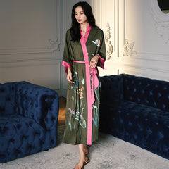 Women Flower Printed Satin Silk Kimono Robe