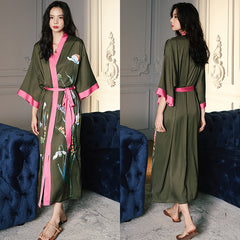 Women Flower Printed Satin Silk Kimono Robe