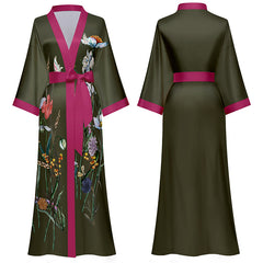 Women Flower Printed Satin Silk Kimono Robe