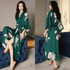 Women Flower Printed Satin Silk Kimono Robe