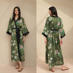 Women's Green Flower Printed Satin Silk Kimono Robe