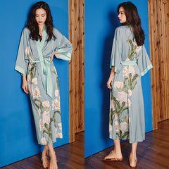 Women Flower Printed Satin Silk Kimono Robe