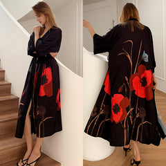 Women Satin Printed Flower Kimono Robe