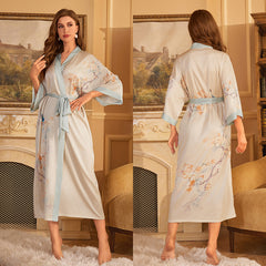 Women Cherry Blossom Print Satin Silk Kimono Robe