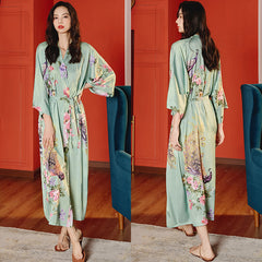 Women Peacock Printed Satin Silk Kimono Robe