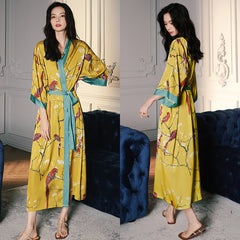 Women Birds Printed Satin Silk Kimono Robe