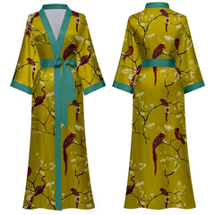 Women Birds Printed Satin Silk Kimono Robe