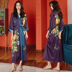 Women Satin Silk Printed Flower Kimono Robe