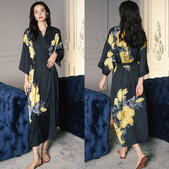 Women Flower Printed Satin Silk Kimono Robe