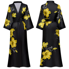 Women Flower Printed Satin Silk Kimono Robe