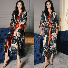 Women Satin Cheetah Printed Silk Kimono Robe