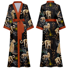 Women Satin Cheetah Printed Silk Kimono Robe