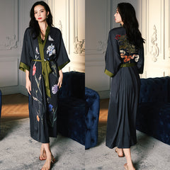 Women Flower Satin Silk Printed  Kimono Robe