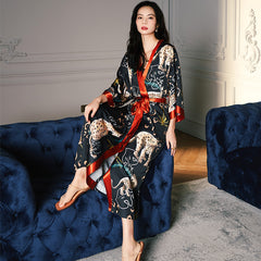 Women Satin Cheetah Printed Silk Kimono Robe