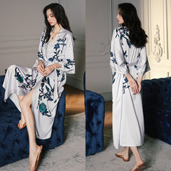 Women Gray Flower Printed Satin Silk Kimono Robe