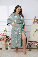 Women's Flower Printed Plus Size Satin Silk Kimono Robe