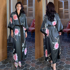 Women Flower Printed Satin Silk Kimono Robes