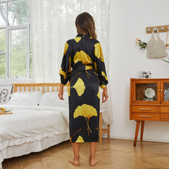 Maple Leaf Print Long Silk Kimono Robe-Robeslife