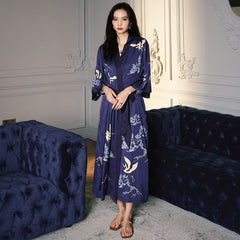 Women Crane Printed Satin Silk Kimono Robes