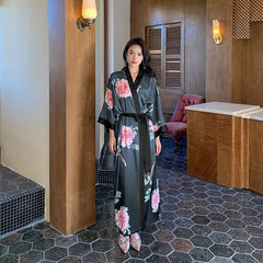 Women Flower Printed Satin Silk Kimono Robes