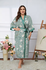 Women's Flower Printed Plus Size Satin Silk Kimono Robe