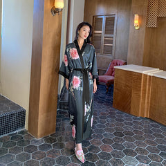 Women Flower Printed Satin Silk Kimono Robes