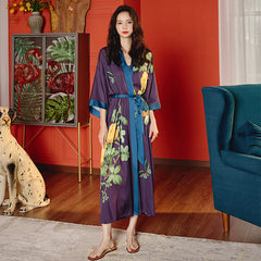 Women Satin Silk Printed Flower Kimono Robe