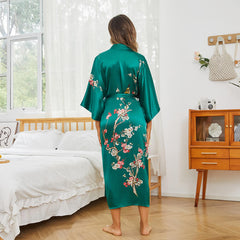 Cherry Blossom Print Long Silk Kimono Robe-Robeslife