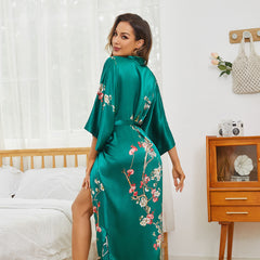 Cherry Blossom Print Long Silk Kimono Robe-Robeslife