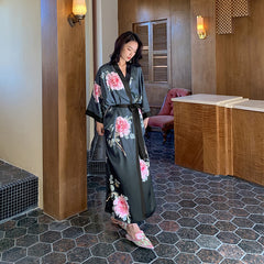 Women Flower Printed Satin Silk Kimono Robes