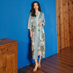 Women Flower Printed Satin Silk Kimono Robe