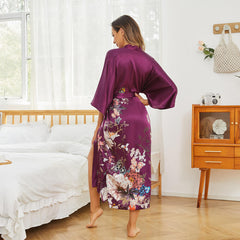 Flower Butterfly Print Long Silk Kimono Robe-Robeslife