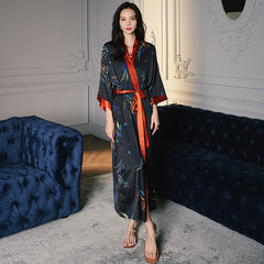 Women Black Flower Printed Satin Silk Kimono Robe