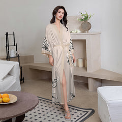 Women Flower Printed Long Satin Silk Kimono Robes