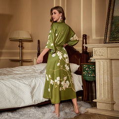 Women's Flower Printed Satin Silk Kimono Robe