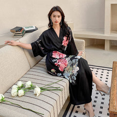 Women Flower Printed Long Satin Silk Kimono Robes