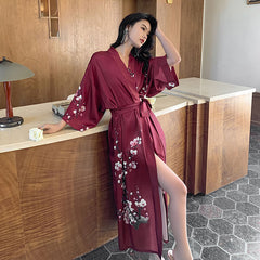 Women Cherry Blossom Printed Long Satin Silk Kimono Robes