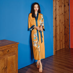 Women Flower Printed Satin Silk Kimono Robe