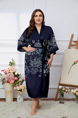 Women's Flower Printed Plus Size Satin Silk Kimono Robe