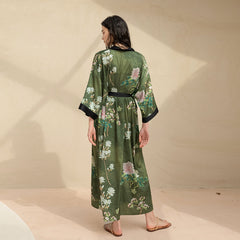 Women's Green Flower Printed Satin Silk Kimono Robe