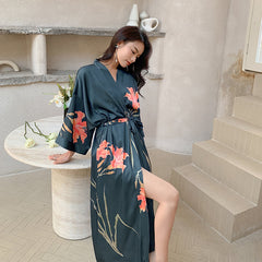 Women Flower Printed Long Satin Silk Kimono Robe