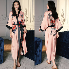 Women's Flower Birds Printed Satin Kimono Robe