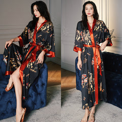 Women's Flower Printed Plus Size Satin Silk Kimono Robe