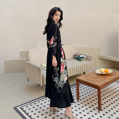 Women Flower Printed Long Satin Silk Kimono Robes