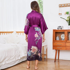 Flower Print Long Silk Kimono Robe